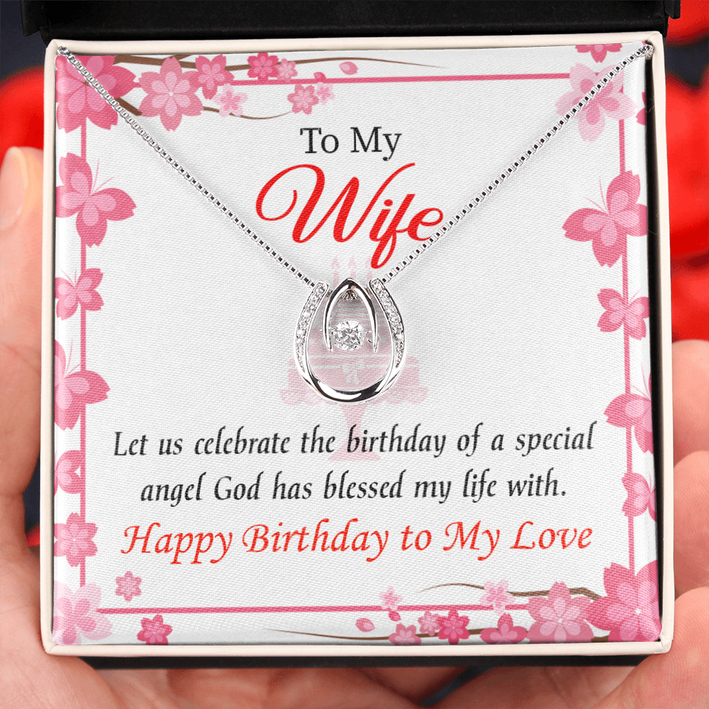 To My Wife Birthday Love and Affection Lucky Horseshoe Necklace Message Card 14k w CZ Crystals-Express Your Love Gifts