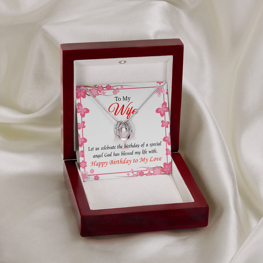 To My Wife Birthday Love and Affection Lucky Horseshoe Necklace Message Card 14k w CZ Crystals-Express Your Love Gifts