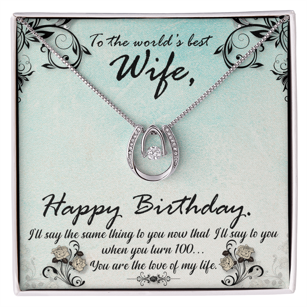 To My Wife Birthday Love of My Life Lucky Horseshoe Necklace Message Card 14k w CZ Crystals-Express Your Love Gifts