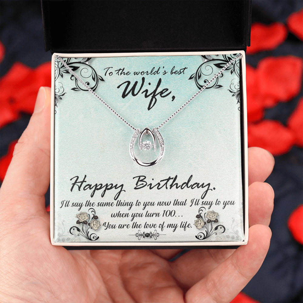 To My Wife Birthday Love of My Life Lucky Horseshoe Necklace Message Card 14k w CZ Crystals-Express Your Love Gifts
