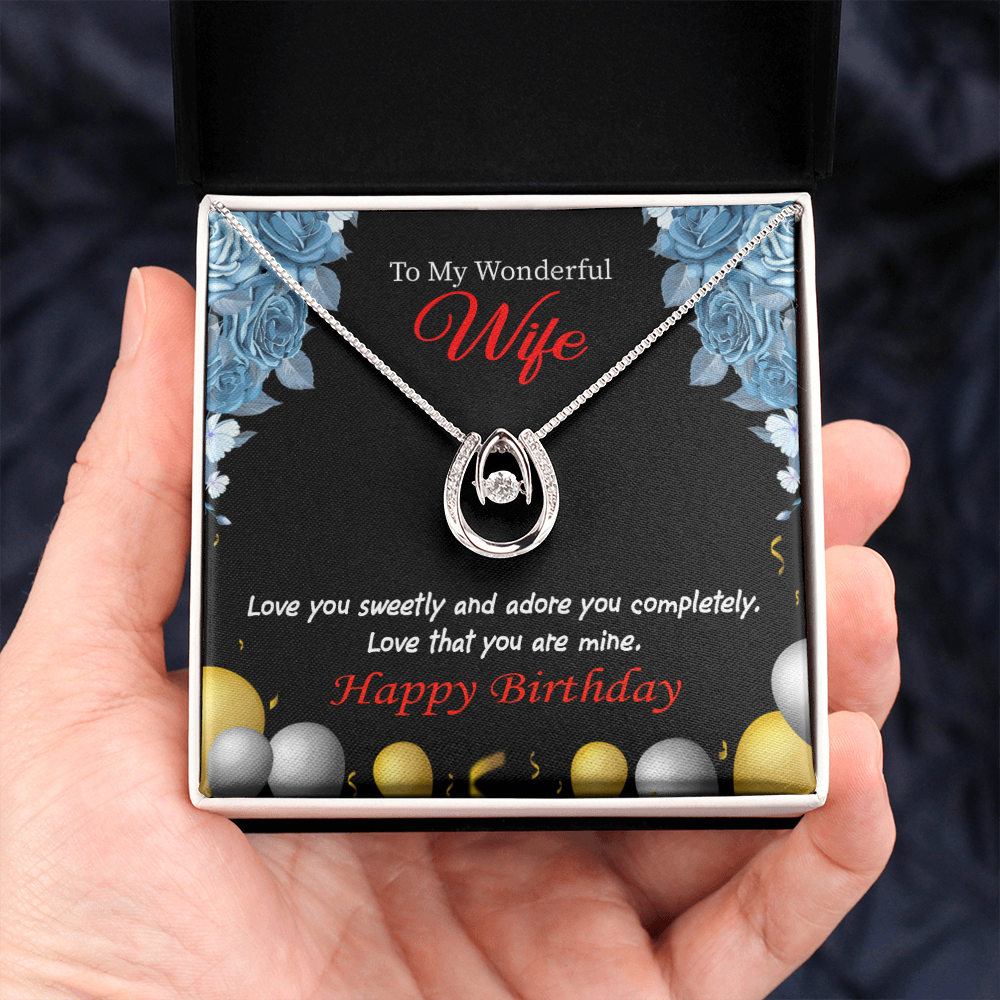 To My Wife Birthday Love You Sweetly Lucky Horseshoe Necklace Message Card 14k w CZ Crystals-Express Your Love Gifts