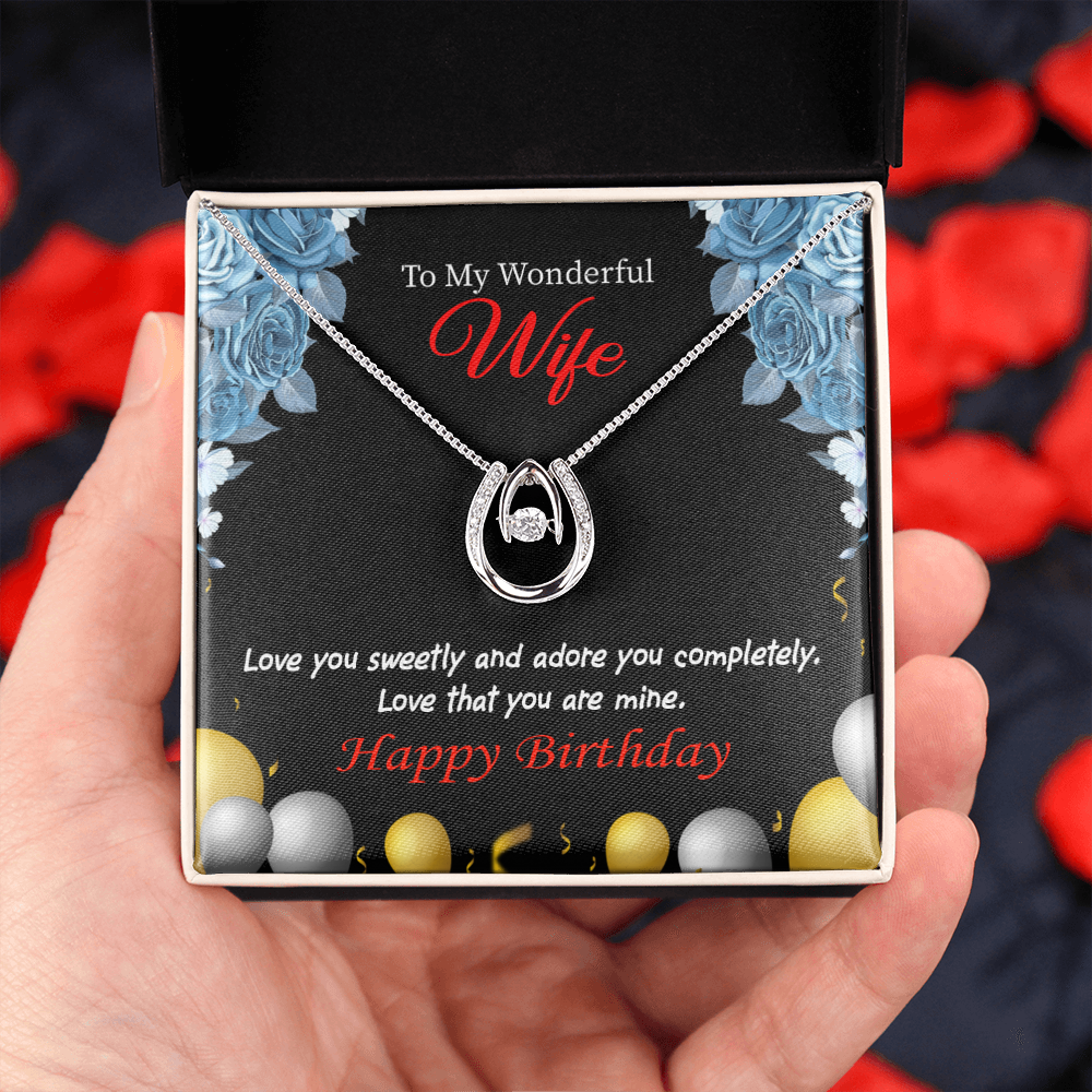To My Wife Birthday Love You Sweetly Lucky Horseshoe Necklace Message Card 14k w CZ Crystals-Express Your Love Gifts
