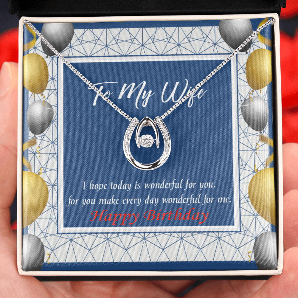 To My Wife Birthday You Are Wonderful Lucky Horseshoe Necklace Message Card 14k w CZ Crystals-Express Your Love Gifts
