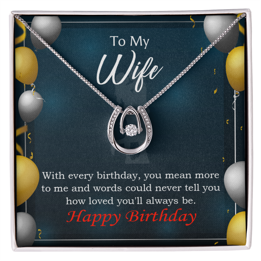 To My Wife Every Birthday Lucky Horseshoe Necklace Message Card 14k w CZ Crystals-Express Your Love Gifts