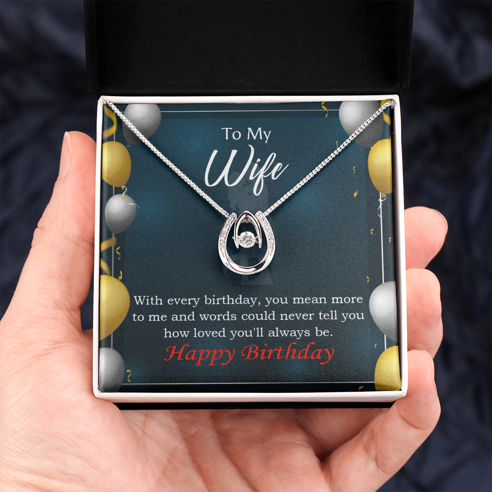 To My Wife Every Birthday Lucky Horseshoe Necklace Message Card 14k w CZ Crystals-Express Your Love Gifts