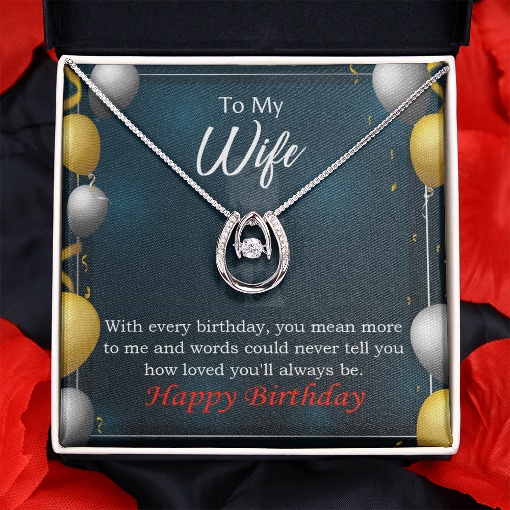 To My Wife Every Birthday Lucky Horseshoe Necklace Message Card 14k w CZ Crystals-Express Your Love Gifts