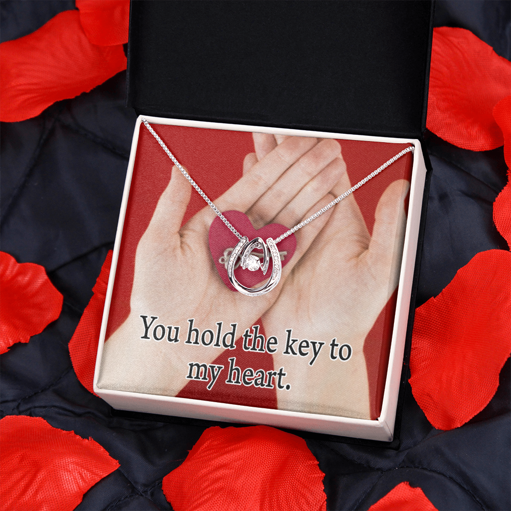 To My Wife Key To My Heart Lucky Horseshoe Necklace Message Card 14k w CZ Crystals-Express Your Love Gifts