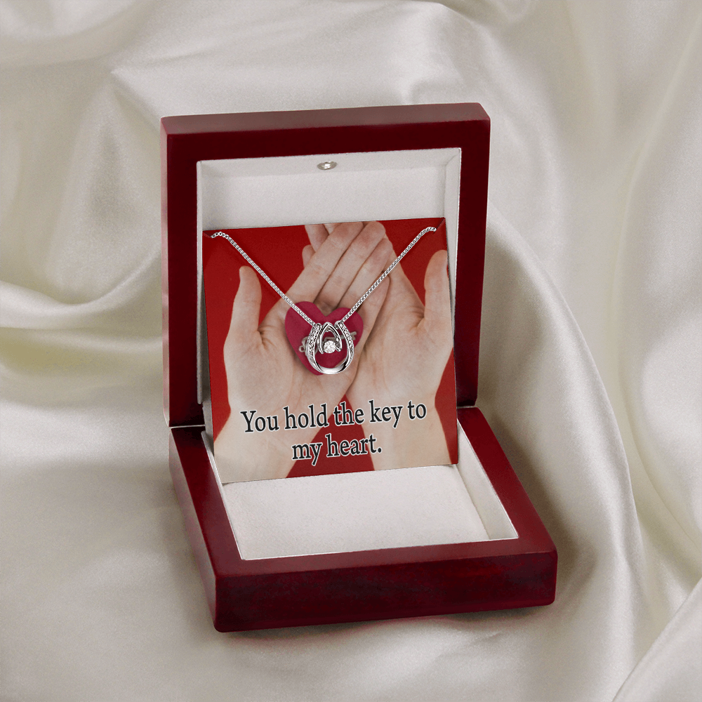 To My Wife Key To My Heart Lucky Horseshoe Necklace Message Card 14k w CZ Crystals-Express Your Love Gifts