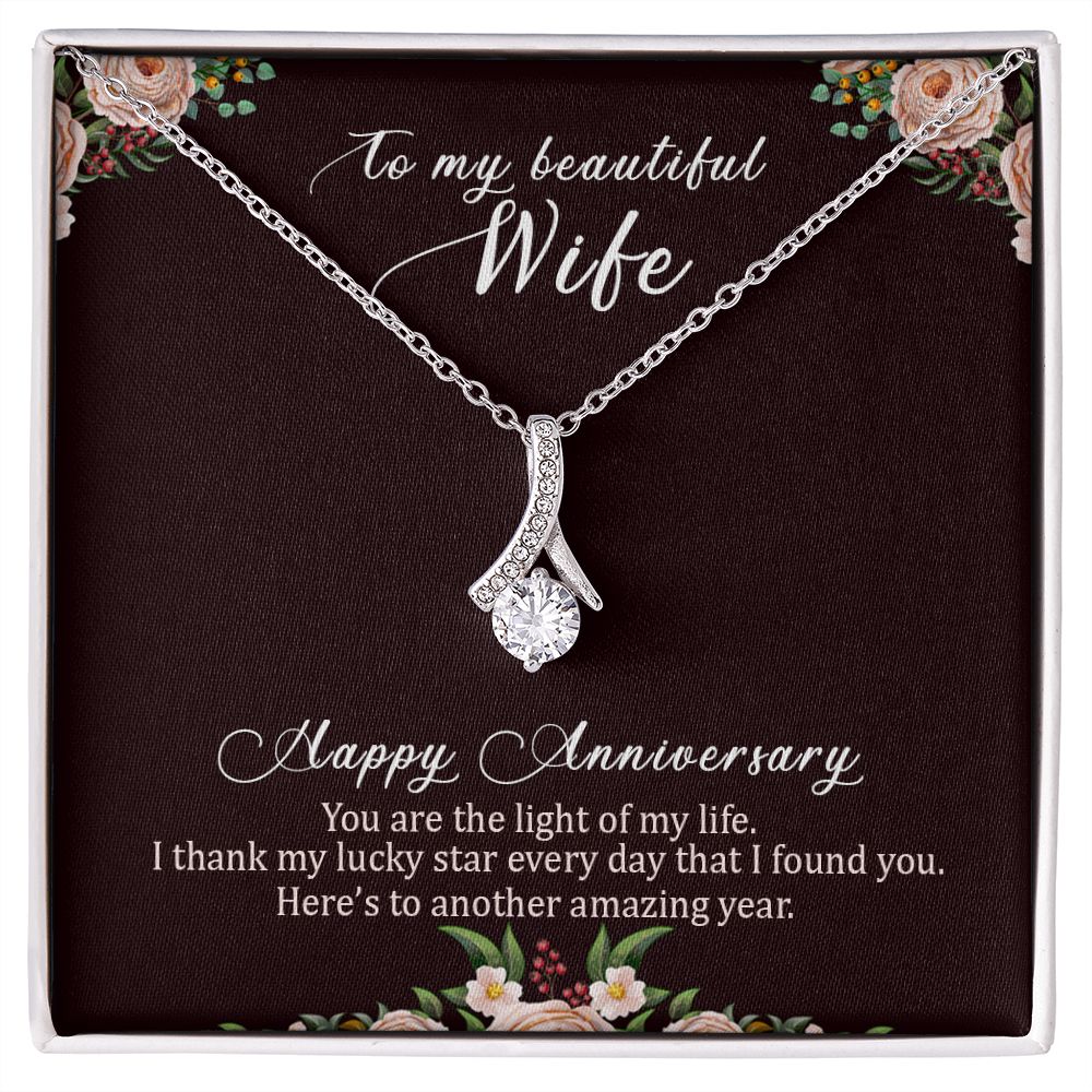 To My Wife Light of My Life Happy Anniversary Alluring Ribbon Necklace Message Card-Express Your Love Gifts