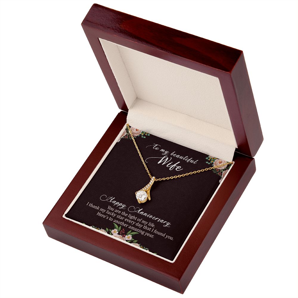 To My Wife Light of My Life Happy Anniversary Alluring Ribbon Necklace Message Card-Express Your Love Gifts