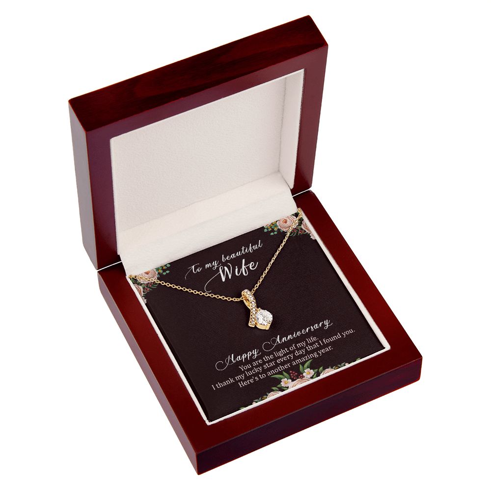 To My Wife Light of My Life Happy Anniversary Alluring Ribbon Necklace Message Card-Express Your Love Gifts