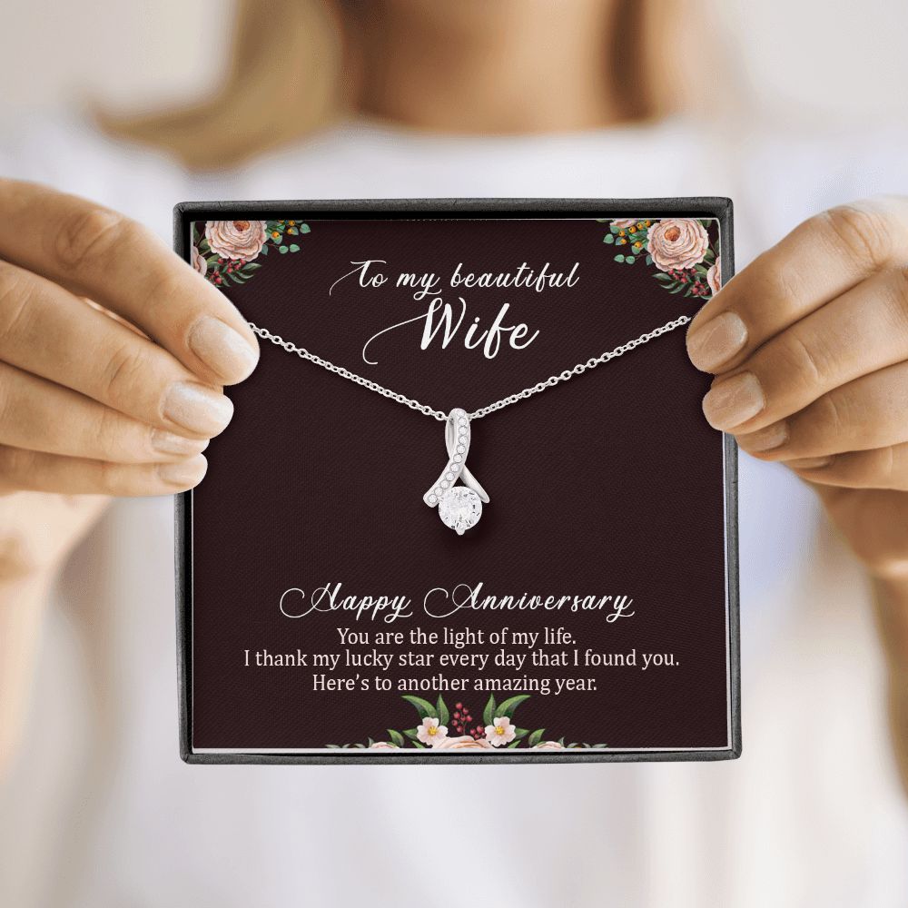 To My Wife Light of My Life Happy Anniversary Alluring Ribbon Necklace Message Card-Express Your Love Gifts