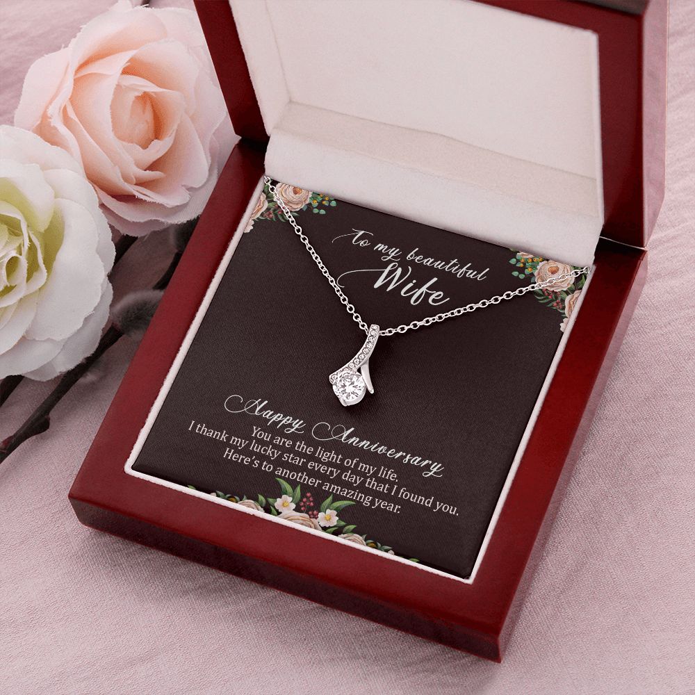 To My Wife Light of My Life Happy Anniversary Alluring Ribbon Necklace Message Card-Express Your Love Gifts