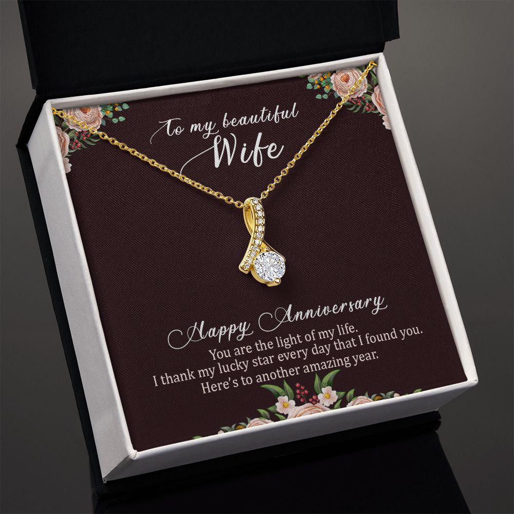 To My Wife Light of My Life Happy Anniversary Alluring Ribbon Necklace Message Card-Express Your Love Gifts
