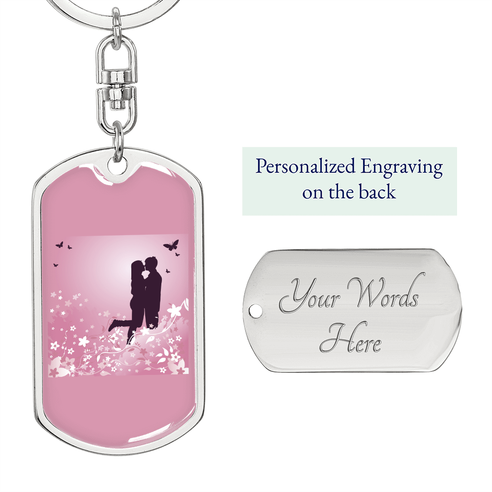 To My Wife Love Couple Pink Floral Keychain Stainless Steel or 18k Gold Dog Tag Keyring-Express Your Love Gifts