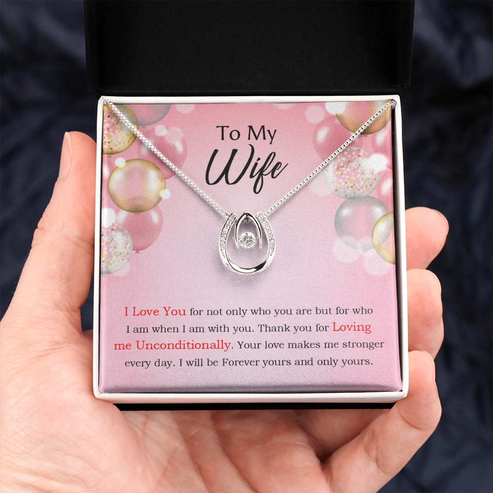 To My Wife Loving Me Unconditionally Lucky Horseshoe Necklace Message Card 14k w CZ Crystals-Express Your Love Gifts