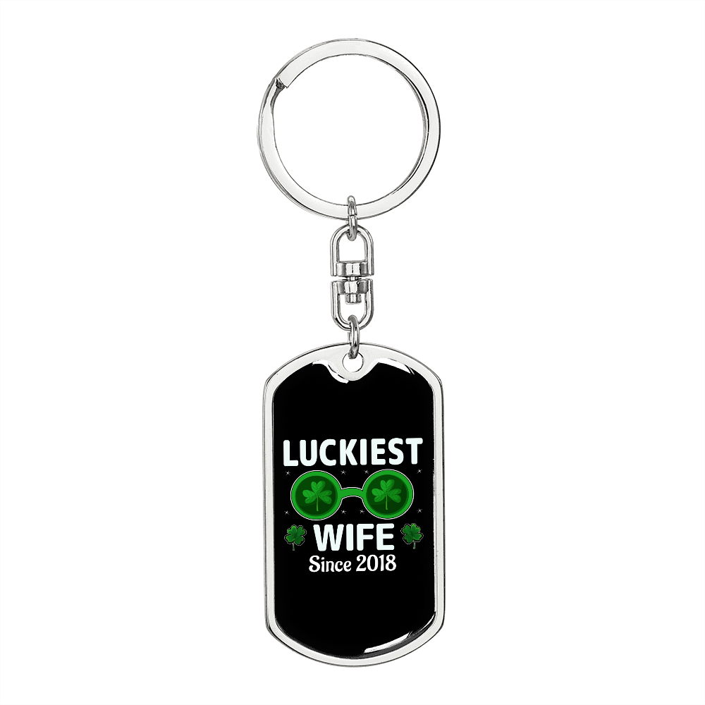 To My Wife Luckiest Wife Since 2018 Keychain Stainless Steel or 18k Gold Dog Tag Keyring-Express Your Love Gifts