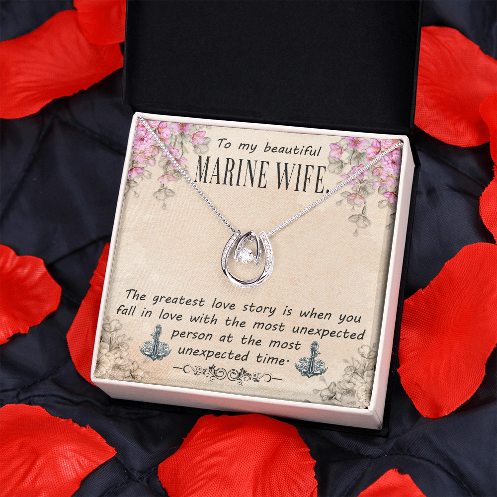 To My Wife Marine Wife Lucky Horseshoe Necklace Message Card 14k w CZ Crystals-Express Your Love Gifts
