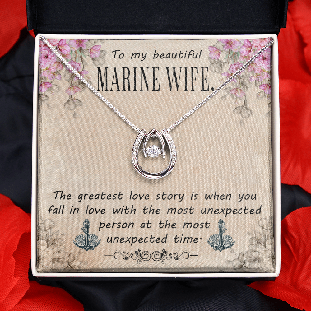 To My Wife Marine Wife Lucky Horseshoe Necklace Message Card 14k w CZ Crystals-Express Your Love Gifts