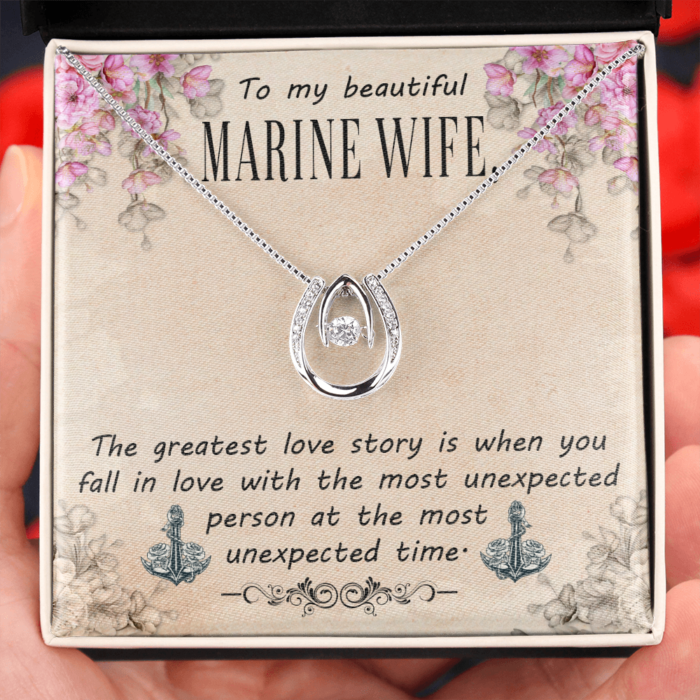To My Wife Marine Wife Lucky Horseshoe Necklace Message Card 14k w CZ Crystals-Express Your Love Gifts