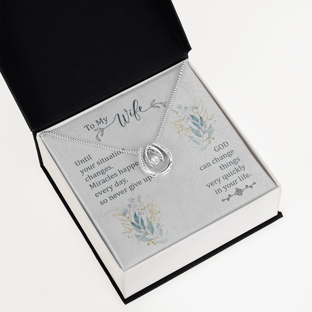 To My Wife Miracle Happens Lucky Horseshoe Necklace Message Card 14k w CZ Crystals-Express Your Love Gifts