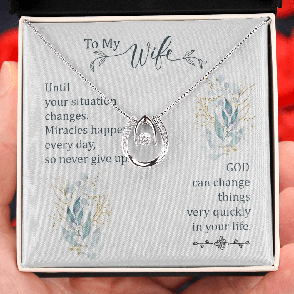 To My Wife Miracle Happens Lucky Horseshoe Necklace Message Card 14k w CZ Crystals-Express Your Love Gifts