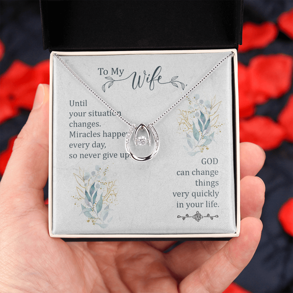To My Wife Miracle Happens Lucky Horseshoe Necklace Message Card 14k w CZ Crystals-Express Your Love Gifts