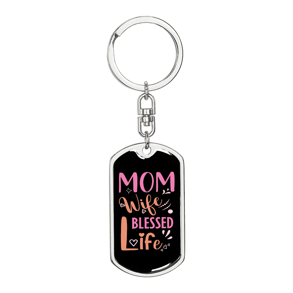 To My Wife Mom Wife Blessed Life Black Pink Keychain Stainless Steel or 18k Gold Dog Tag Keyring-Express Your Love Gifts