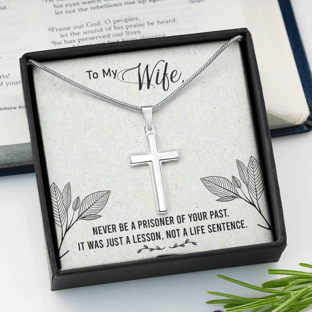 To My Wife Never Be a Prisoner Cross Card Necklace w Stainless Steel Pendant-Express Your Love Gifts