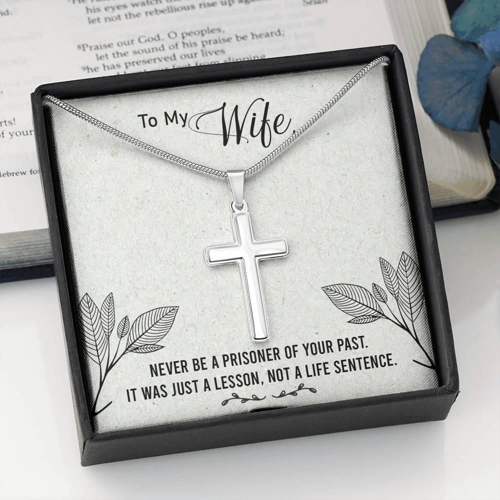 To My Wife Never Be a Prisoner Cross Card Necklace w Stainless Steel Pendant-Express Your Love Gifts