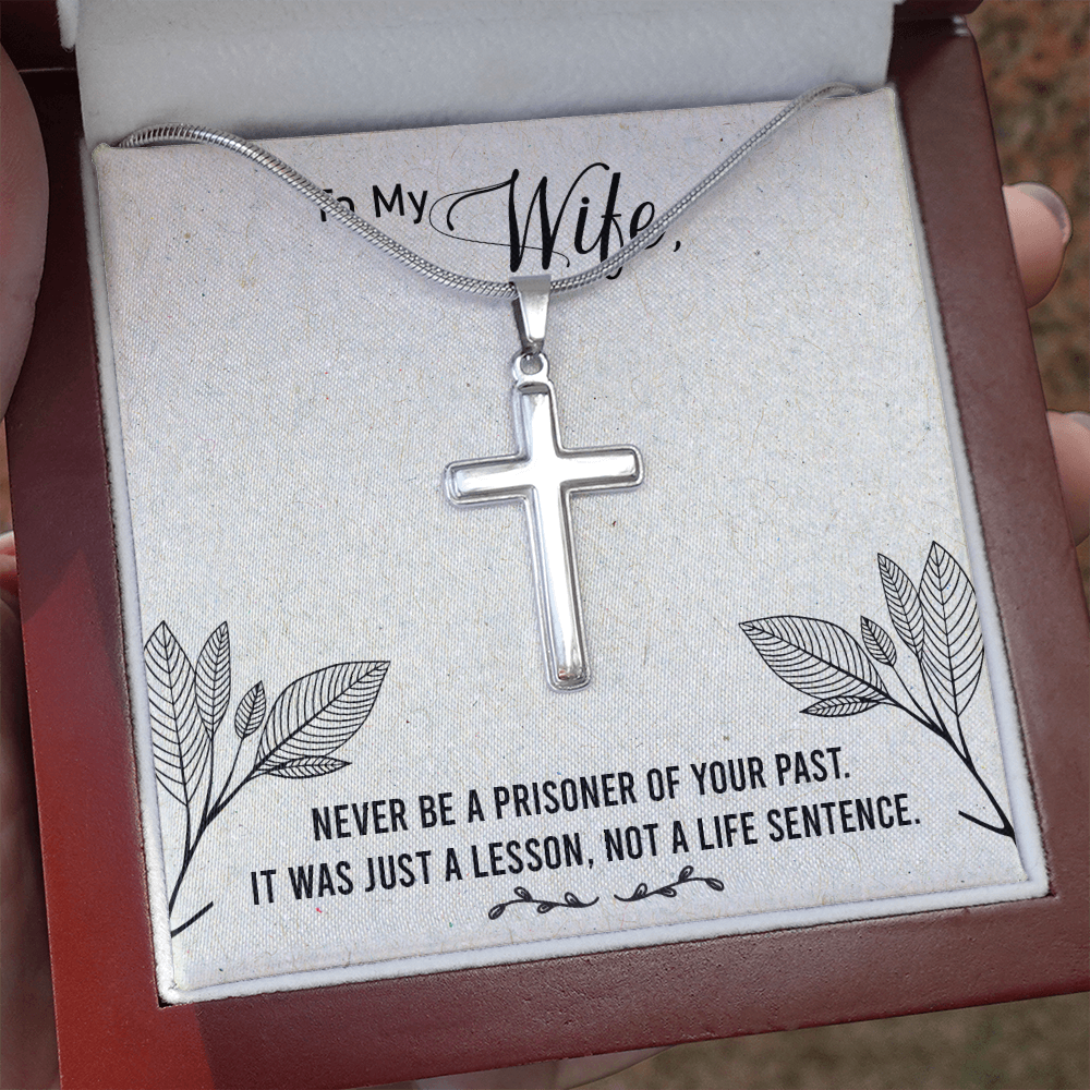 To My Wife Never Be a Prisoner Cross Card Necklace w Stainless Steel Pendant-Express Your Love Gifts