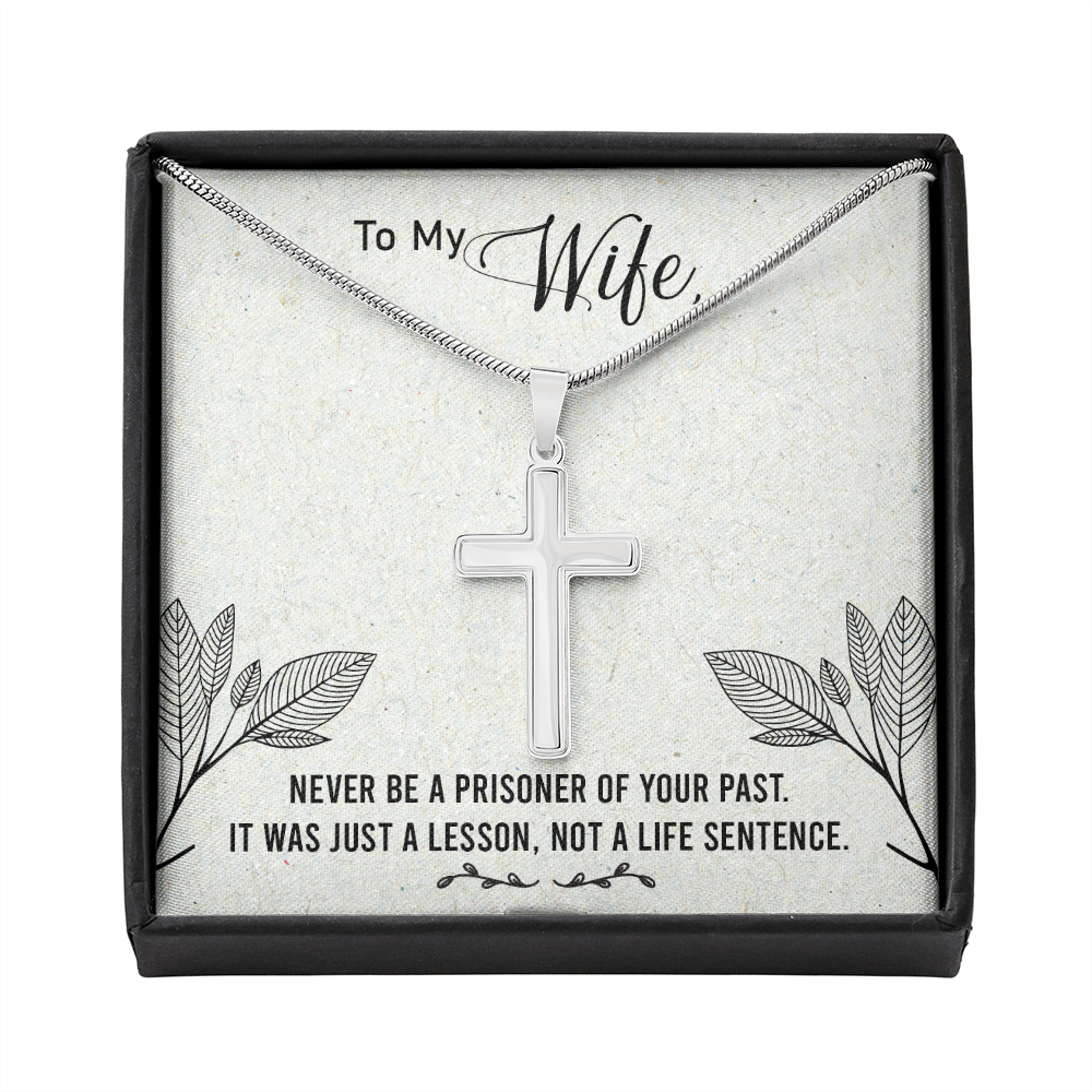 To My Wife Never Be a Prisoner Cross Card Necklace w Stainless Steel Pendant-Express Your Love Gifts
