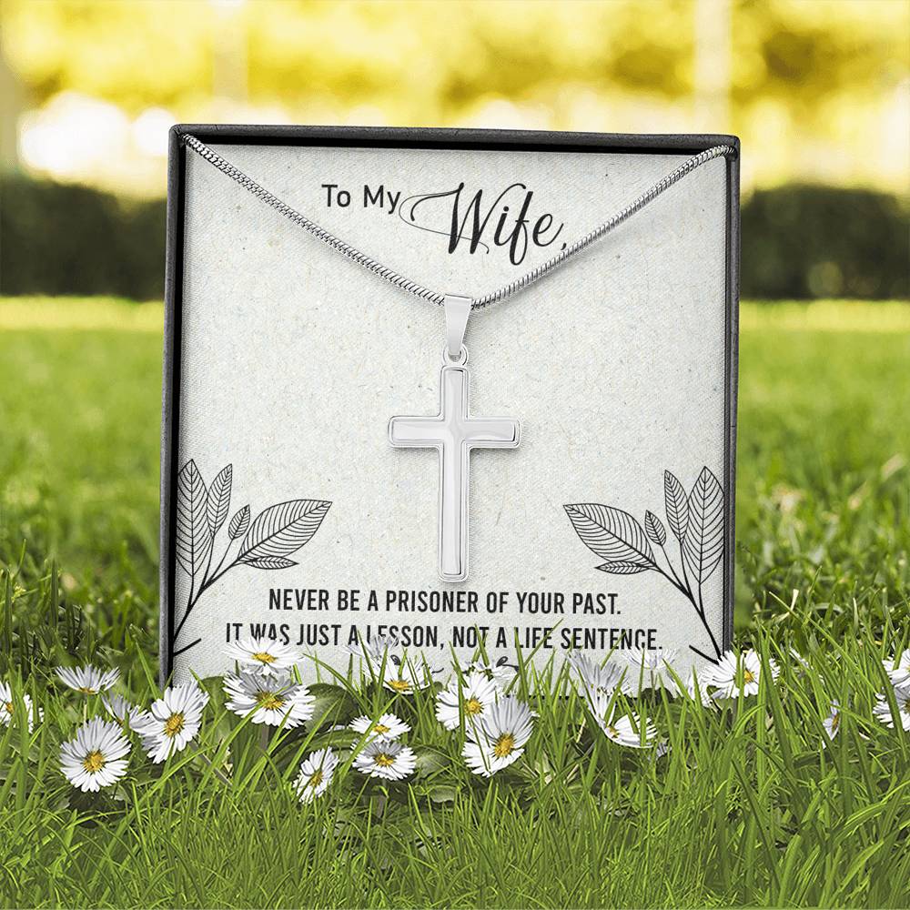 To My Wife Never Be a Prisoner Cross Card Necklace w Stainless Steel Pendant-Express Your Love Gifts