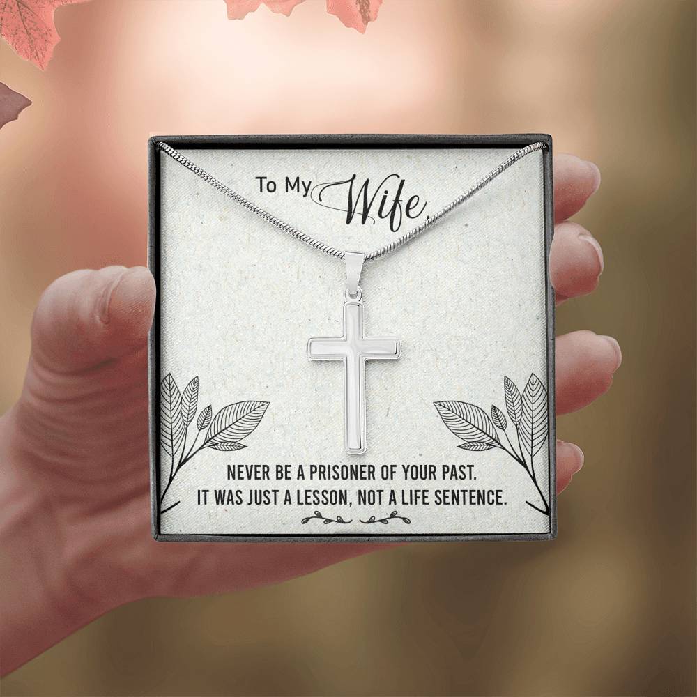 To My Wife Never Be a Prisoner Cross Card Necklace w Stainless Steel Pendant-Express Your Love Gifts