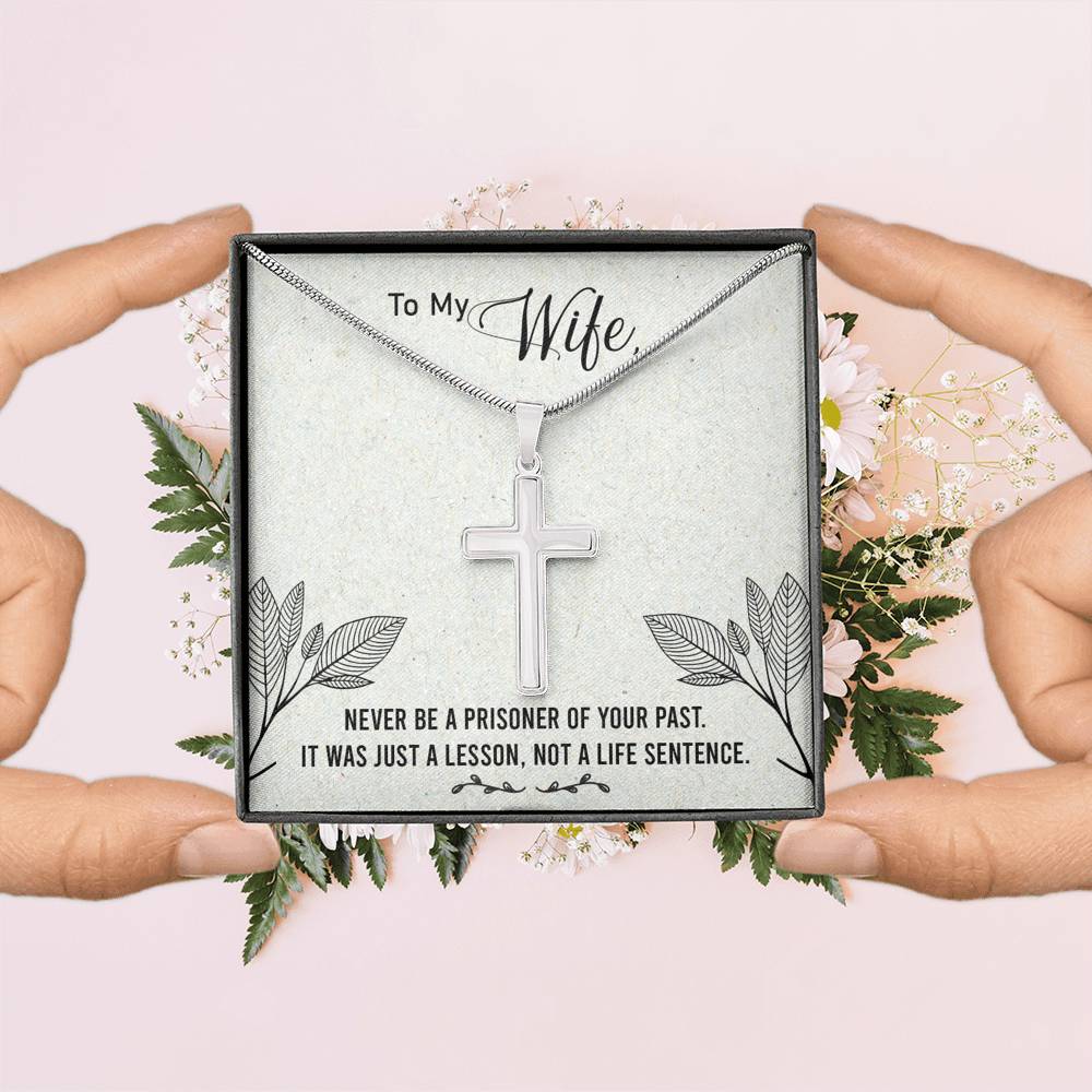 To My Wife Never Be a Prisoner Cross Card Necklace w Stainless Steel Pendant-Express Your Love Gifts