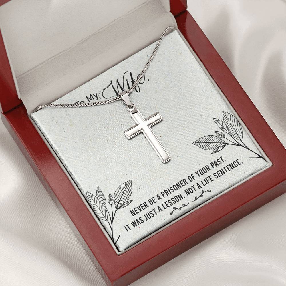 To My Wife Never Be a Prisoner Cross Card Necklace w Stainless Steel Pendant-Express Your Love Gifts