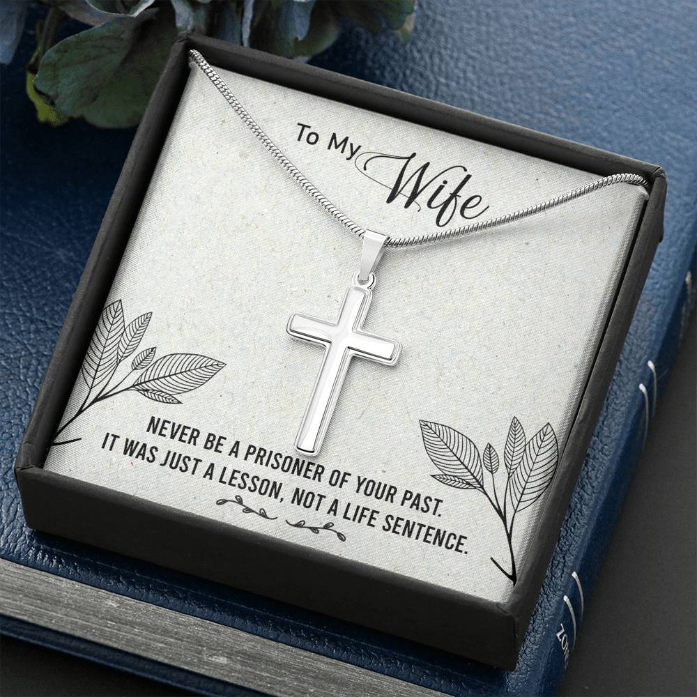To My Wife Never Be a Prisoner Cross Card Necklace w Stainless Steel Pendant-Express Your Love Gifts