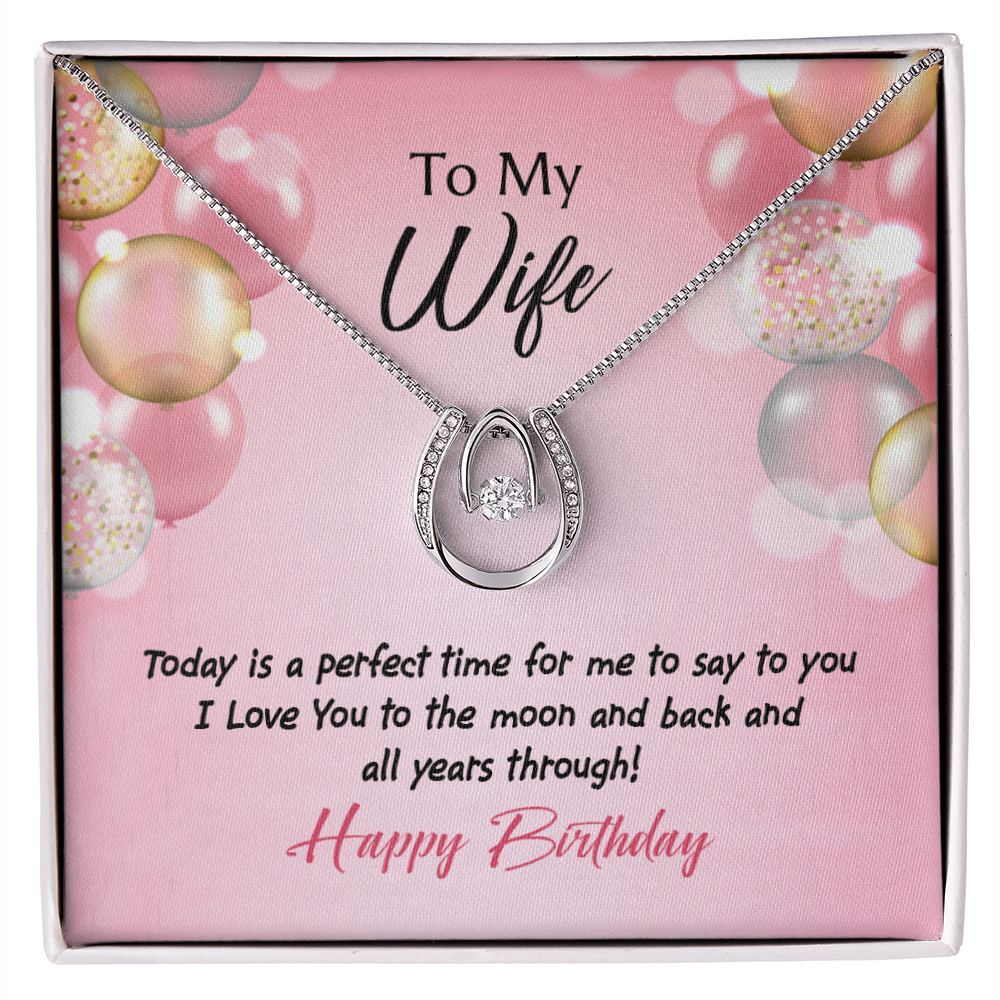 To My Wife Perfect Time Birthday Lucky Horseshoe Necklace Message Card 14k w CZ Crystals-Express Your Love Gifts