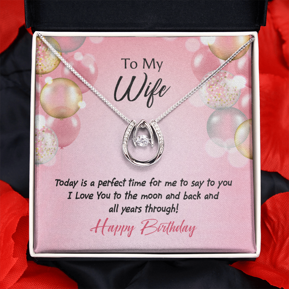 To My Wife Perfect Time Birthday Lucky Horseshoe Necklace Message Card 14k w CZ Crystals-Express Your Love Gifts