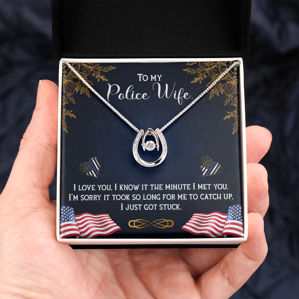 To My Wife Police Wife Lucky Horseshoe Necklace Message Card 14k w CZ Crystals-Express Your Love Gifts