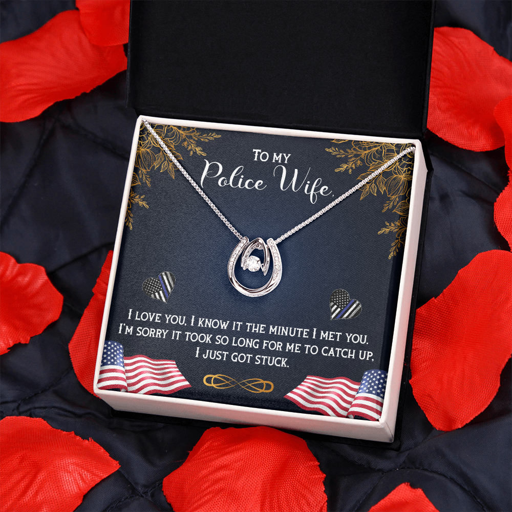 To My Wife Police Wife Lucky Horseshoe Necklace Message Card 14k w CZ Crystals-Express Your Love Gifts