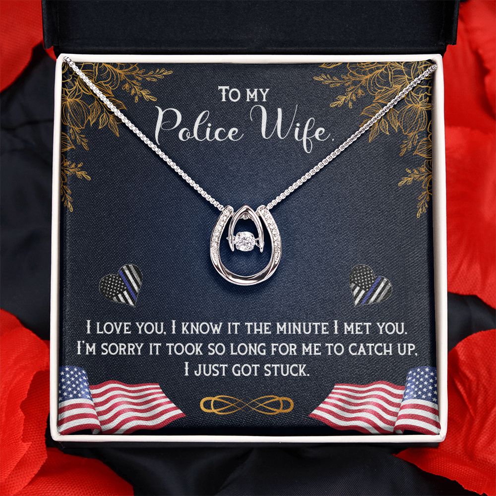 To My Wife Police Wife Lucky Horseshoe Necklace Message Card 14k w CZ Crystals-Express Your Love Gifts