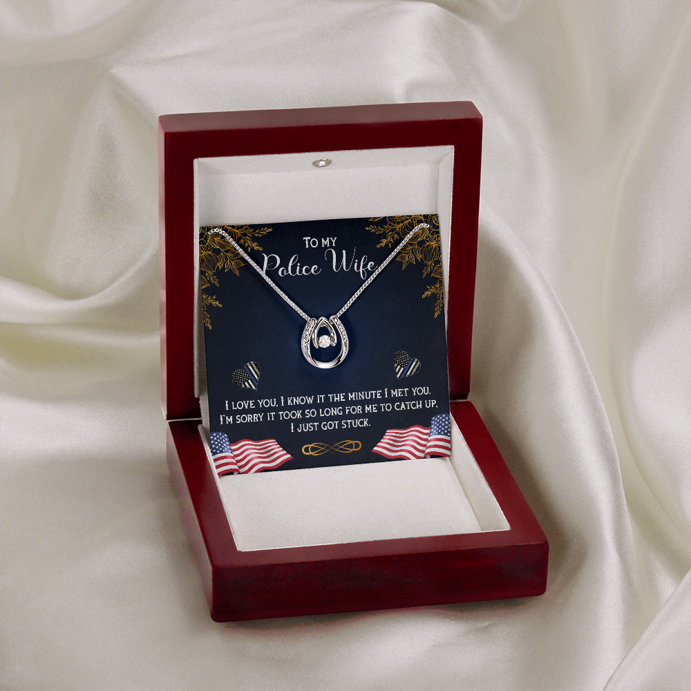 To My Wife Police Wife Lucky Horseshoe Necklace Message Card 14k w CZ Crystals-Express Your Love Gifts