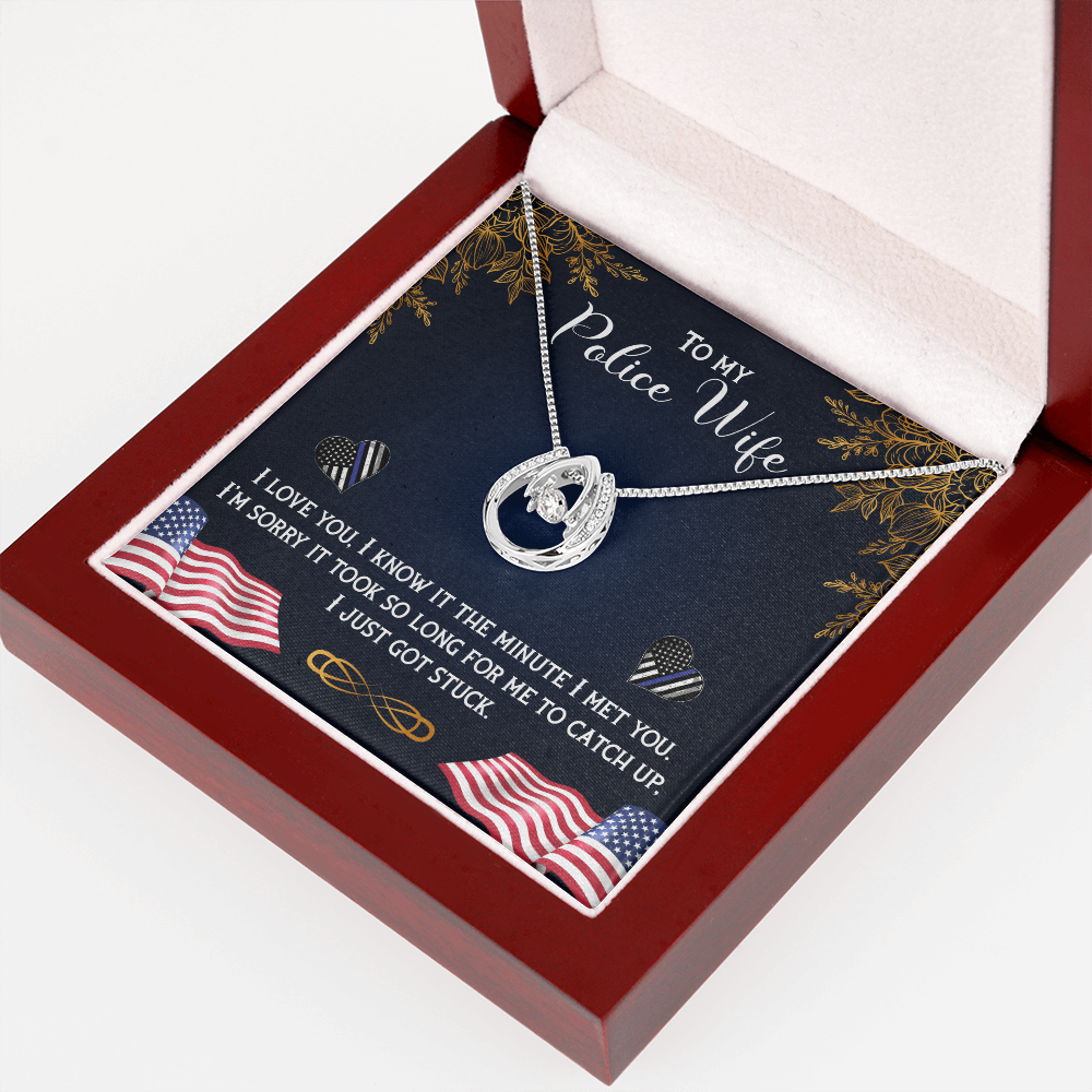 To My Wife Police Wife Lucky Horseshoe Necklace Message Card 14k w CZ Crystals-Express Your Love Gifts