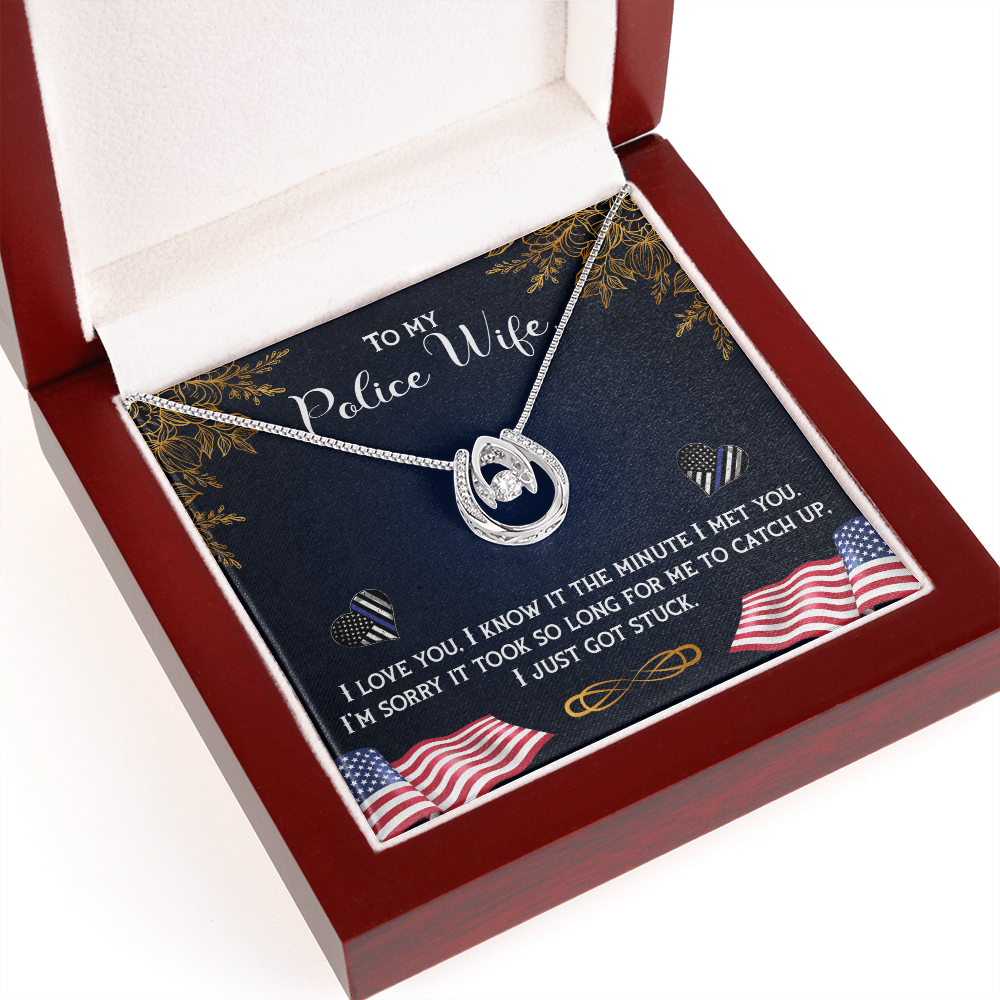 To My Wife Police Wife Lucky Horseshoe Necklace Message Card 14k w CZ Crystals-Express Your Love Gifts