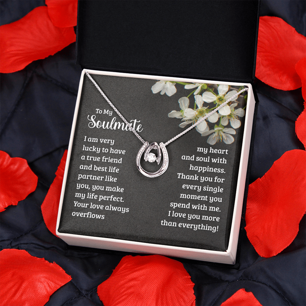 To My Wife Soulmate True Friend Lucky Horseshoe Necklace Message Card 14k w CZ Crystals-Express Your Love Gifts