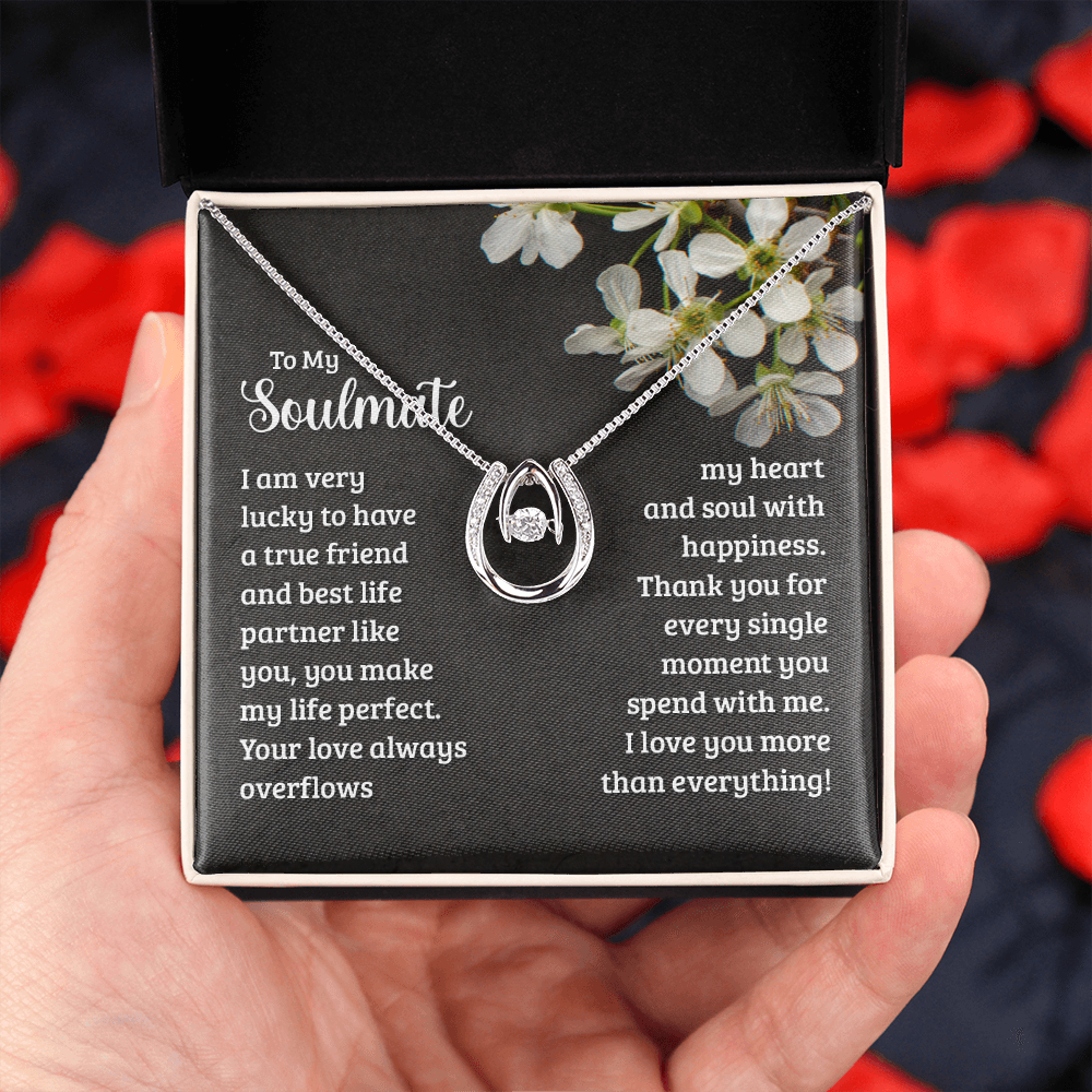 To My Wife Soulmate True Friend Lucky Horseshoe Necklace Message Card 14k w CZ Crystals-Express Your Love Gifts