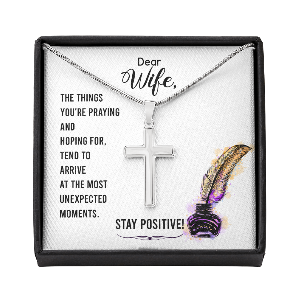 To My Wife Stay Positive Cross Card Necklace w Stainless Steel Pendant-Express Your Love Gifts