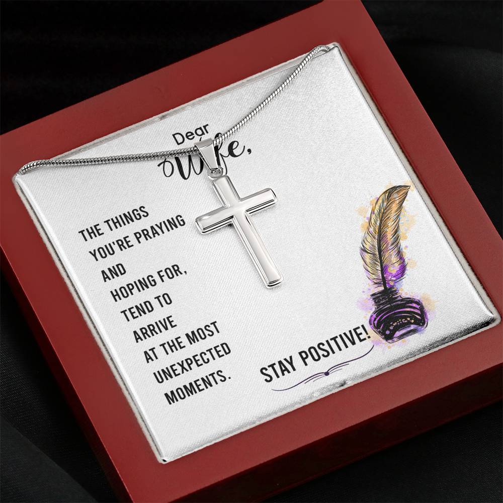 To My Wife Stay Positive Cross Card Necklace w Stainless Steel Pendant-Express Your Love Gifts