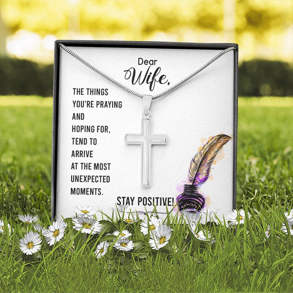 To My Wife Stay Positive Cross Card Necklace w Stainless Steel Pendant-Express Your Love Gifts